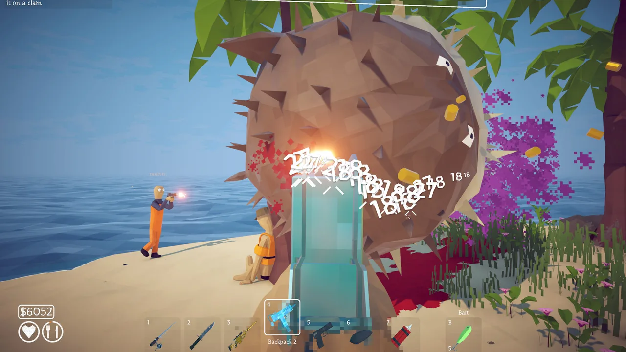 Two How to Fish players fighting a giant Pufferfish on a tropical island