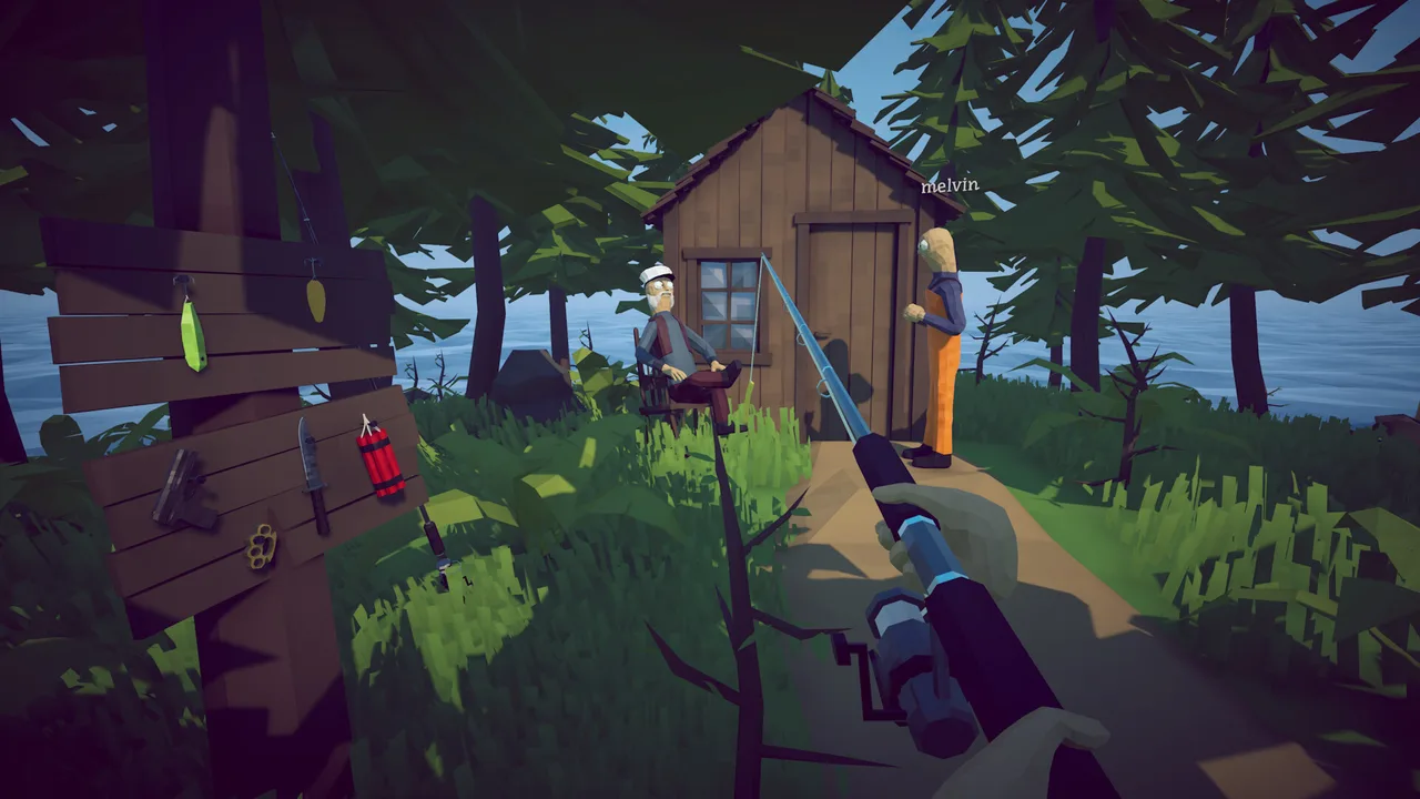 A How to Fish player visiting a forest cabin with fishing gear and weapons nearby